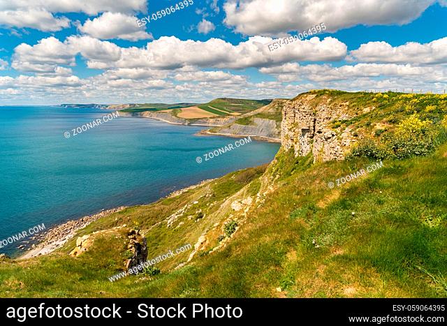 South West Coast Path with a view over the Jurassic Coast and Emmett's Hill, near Worth Matravers, Jurassic Coast, Dorset, UK