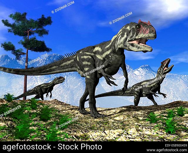 Three allorsuaurus dinosaurs walking on the hill - 3D render