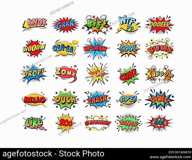 Comic book bubbles doodle set. Collection of cartoon emotional colour explosions funny comical speech clouds comics words thinking dream bubbles graphic text...