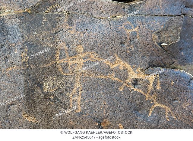 Petroglyphs on rocks from the Bronze Age in the Hatuugeen River Valley in the Altai Mountains in the Bayan-Ulgii Province in western Mongolia