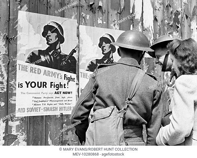 Pro-Russian propaganda posters to support the red army in a mutual task to smash Hitler on the Home Front in England during World War II