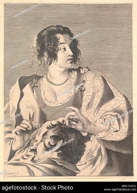 Delilah preparing to cut Samson's hair with scissors in her right hand, below her chest are the head and shoulders of the sleeping Samson