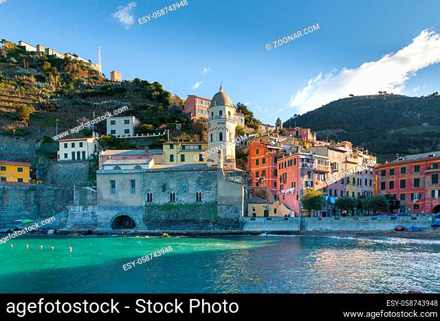 La Spezia Italy January 25 2014 the church of Santa Margherita di Antiochia in the morning. It is built in Romanesque style and overlooks the Mediterranean Sea...