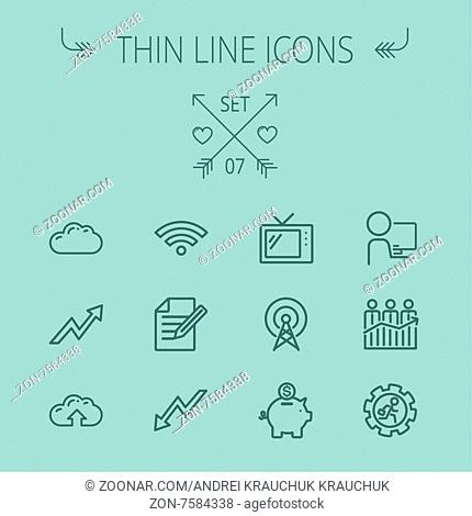Business thin line icon set for web and mobile. Set includes- wifi, notepad, cloud arrows, antenna, money, gear piggy bank icons