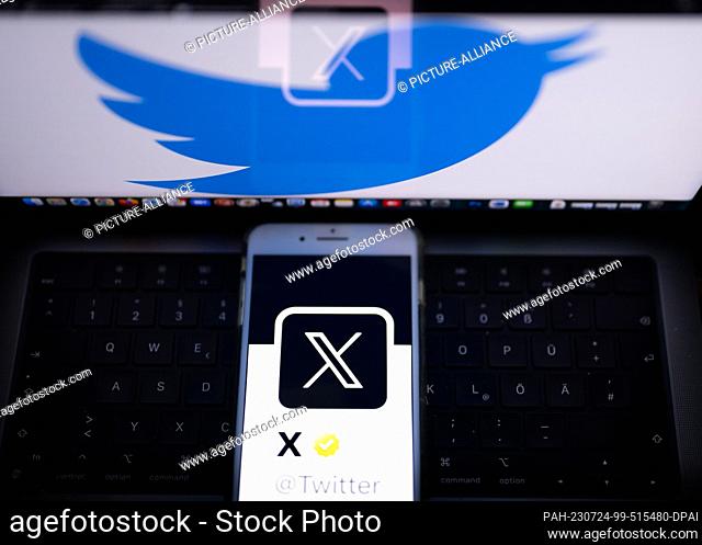 24 July 2023, Berlin: ILLUSTRATION - Twitter's official profile on a smartphone screen shows the white letter X on a black background