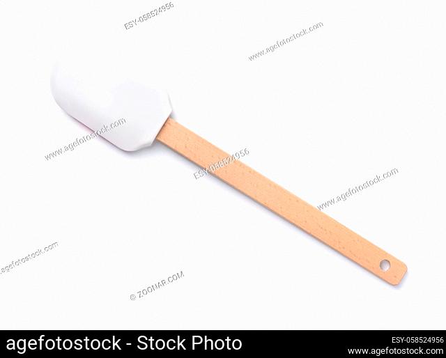 Top view of silicone kitchen spatula with wooden handle isolated on white