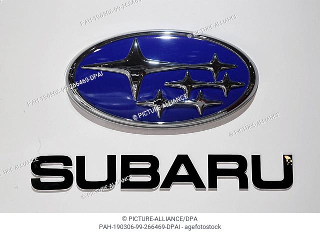 06 March 2019, Switzerland, Genf: A Subaru logo, taken on the second press day. The 89th Geneva Motor Show starts on 7 March and lasts until 17 March