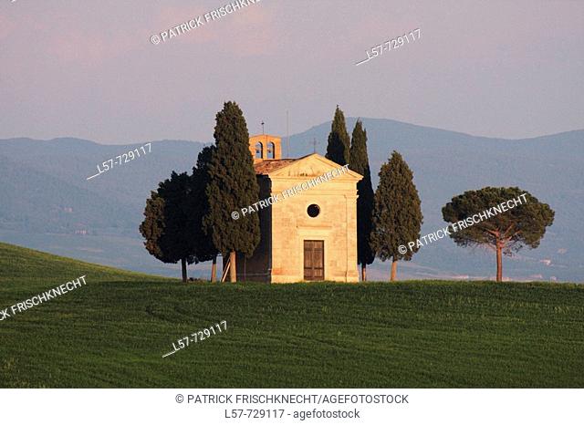 Chapel Vitaleta, Cypress, Italian Cypress, Cupressus sempervirens, cypresses, hill countryside, agricultural landscape, spring, Val d' Orcia, Tuscany, Italy