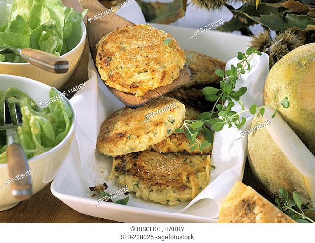 Turnip and potato burgers with marjoram and lettuce