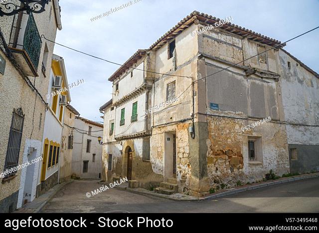 Street and house in ruins. Buendia, Cuenca province, Castilla La Mancha, Spain