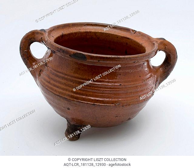Pottery cooking pot, grape-model, red shard with lead glaze, two vertical sausages, on three legs, cooking pot crockery container kitchenware earth discovery...