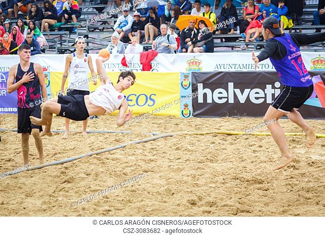 LAREDO, SPAIN - JULY 31: Unidentified player launches to goal in the Spain handball Championship celebrated in Laredo in July 31, 2016 in Laredo, Spain