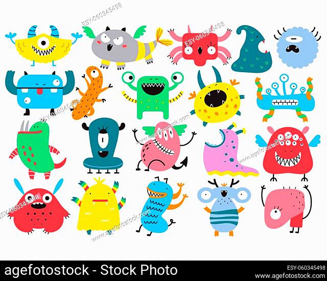 Monsters doodle set. Collection of colorful cartoon characters spooky creatures alliens ugly cyclops beasts mascots angry gremlins