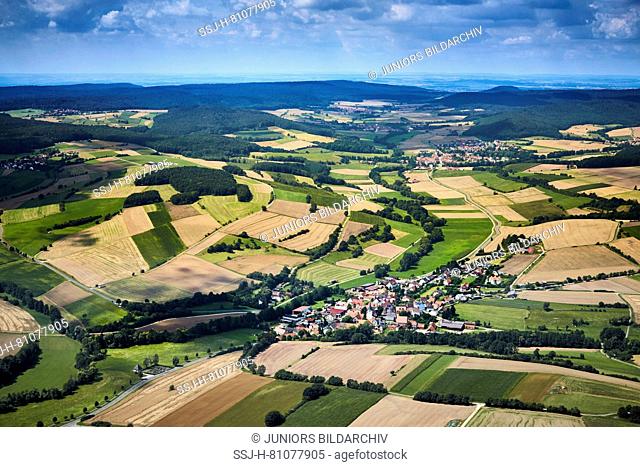 The town Theinheim seen from the air. Municipality Rauhenebrach, district of Hassberg, Bavaria, Germany