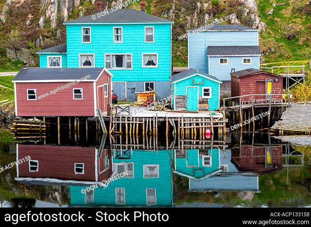 Colourful houses overlooking inner harbour of Rose Blanche, with moored fishing boats, Rose Blanche, Newfoundland and Labrador NL, Canada