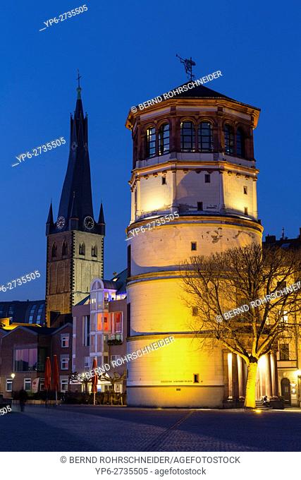 old town with castle tower and St Lambertus church at night, Düsseldorf, North Rhine-Westphalia, Germany