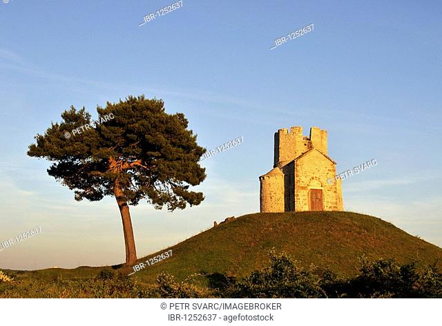 Tree and Romanesque St. Nicolas Church located on earthen hill in fields of Prahulje near Nin in Dalmatia, Croatia, Europe