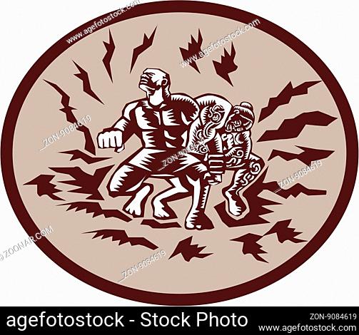 Illustration of Samoan legend Tiitii wrestling the God of Earthquake and breaking his arm set inside circle done in retro woodcut style