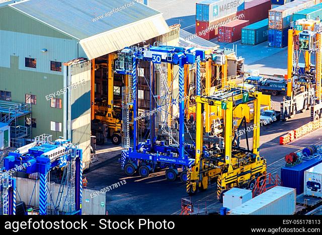 Lyttleton, New Zealand - September 18 2019: The busy shipping port for Christchurch in Lyttleton New Zealand