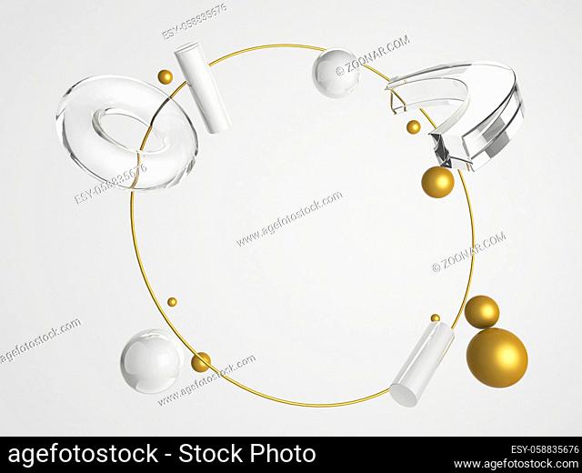 3d render primitives composition. Flying shapes in motion on white background. Gold and silver