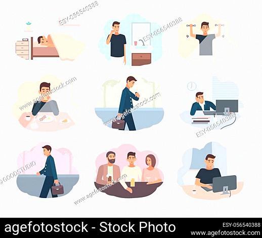 Concept everyday routine. Set of images schedule working day business man. Employment of young office worker. Illustrations in flat style