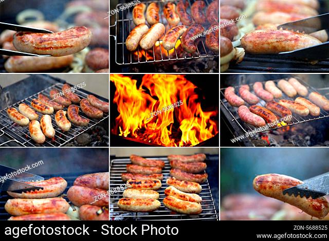 Collage ob bbq sausage. Eight bbq sausage. One fire