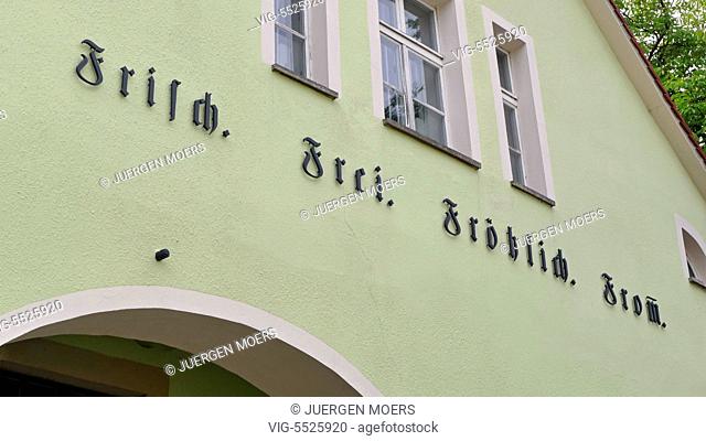 27.07.2016, DEU, Freyburg at the Unstrut , original Slogan Frisch Frei Froehlich Fromm lettering above the entrance to the FRIEDRICH LUDWIG JAHN Museum