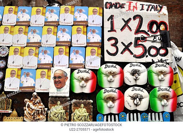 Rome, Italy: Pope Francis and David's cocks magnets sold at a souvenir stall