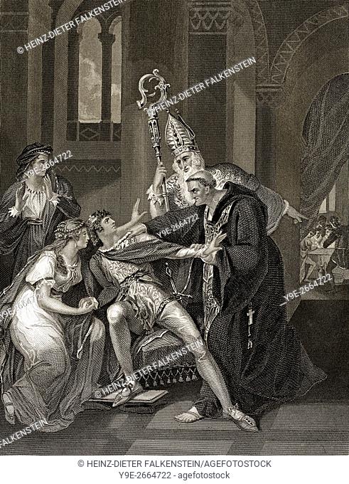 Edwy All-Fair or Eadwig, c. 941-959 AD, King of England and Queen Elgiva, seized by Archbishop Odo and Dunstan inciting Edgar to rebel against his brother