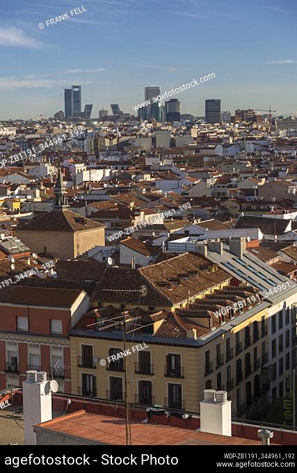 View over the rooftops of Madrid from Plaza del Callao towards Parque Cuarto Deposito, Madrid, Spain, Europe