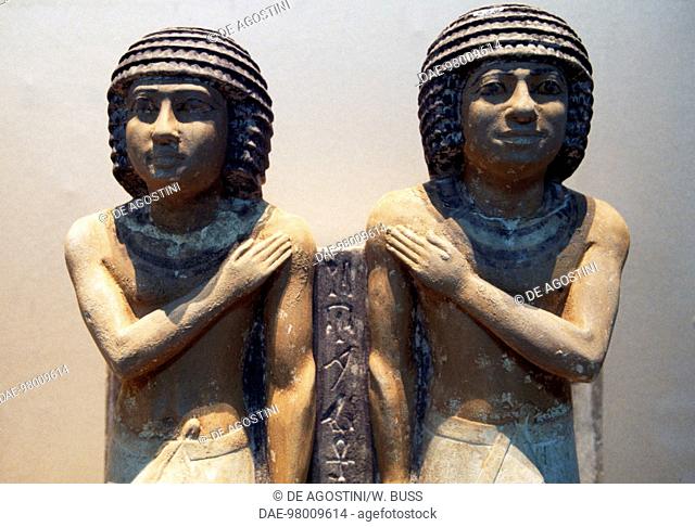Double statue of Meresankh, painted limestone, from the Mastaba of Meresankh, Giza. Egyptian civilisation, Old Kingdom. Detail