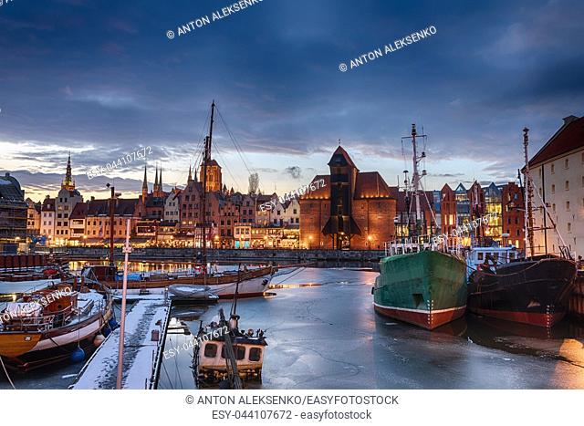 View on Zuraw in Gdansk from the port harbour of the Motlawa near Olowianka island