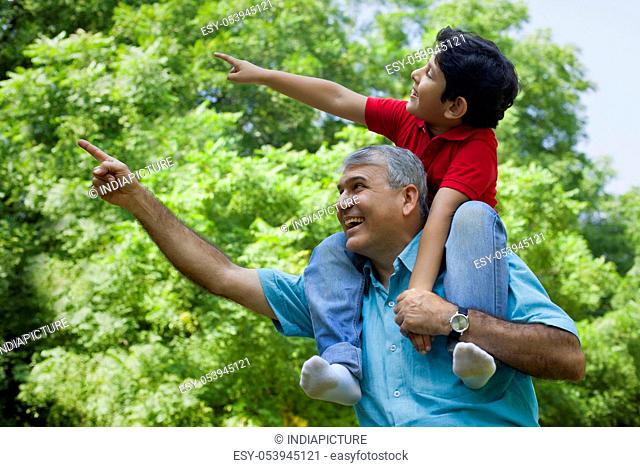 Grandfather and grandson pointing at something