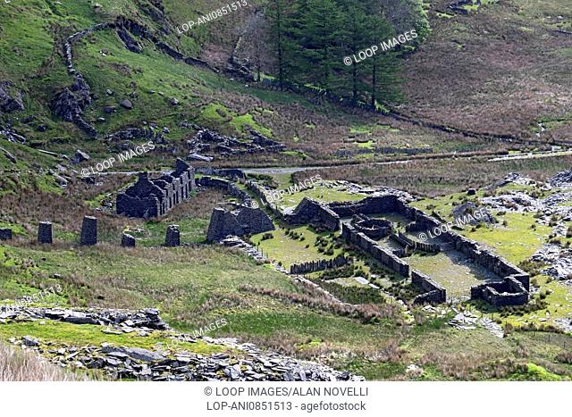 Rhosydd Terrace ruins of slate miners cottages and the Conglog Quarry in Cwmorthin