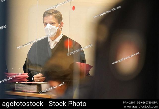 19 April 2021, Hamburg: Matthias Lux, a judge at Hamburg District Court, sits in the courtroom of St. Georg District Court at the start of the trial of two...