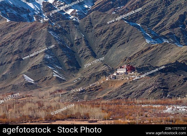 Matho Gompa - a monastery of Central Ladakh. A winter view from the Thikse Monastery located on the opposite side of the Indus Valley