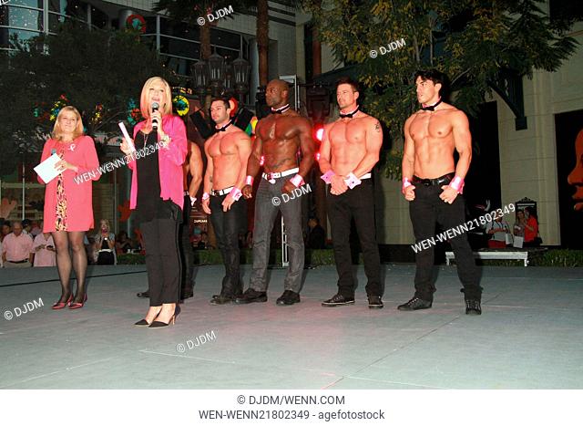 Olivia Newton-John lights the High Roller pink with the Chippendales for Breast Cancer Awareness Month at The Linq Fountain Stage in Las Vegas Featuring: Olivia...