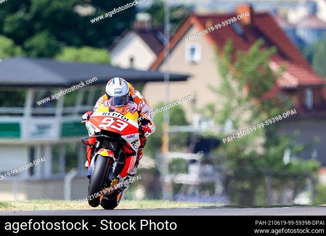 19 June 2021, Saxony, Hohenstein-Ernstthal: Motorsport/Motorcycle, German Grand Prix, MotoGP at Sachsenring: Rider Marc Marquez (Spain