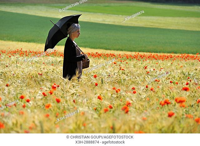 young woman with sunshade in a cereal field dotted with poppies, France, Europe