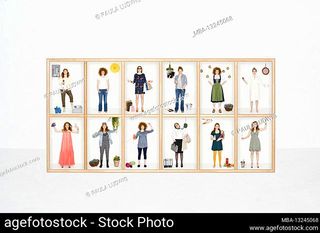 Type case, photo montage, symbolism, woman, different roles, dirndl, handyman, business woman, housewife, glamor, mother, gardener blue, green, pink, yellow