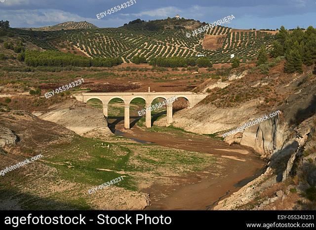 Molinillo Bridge in Iznajar, Cordoba province. During the rise of the reservoir, this bridge is submerged. Andalucia, Spain