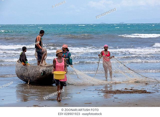Native Malagasy fishermen fishing on sea, Madagascar