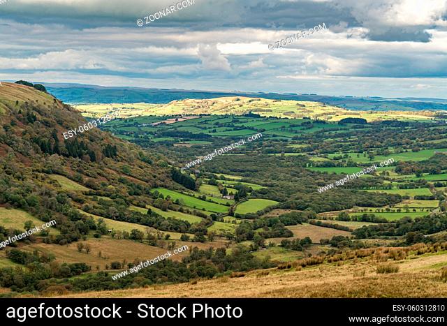 Landscape in the Brecon Beacons National Park seen from Sarn Helen near Ystradfellte in Powys, Wales, UK