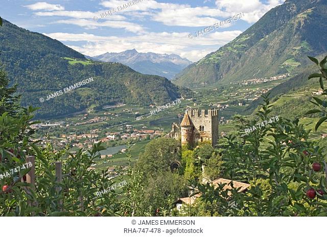 Brunnenburg Castle, now a museum, sometime home of Ezra Pound, and the view towards the Reschen Pass and Austria, Dorf Tyrol, Merano, Sud Tyrol South Tirol