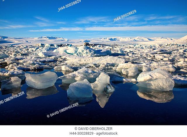 Breidamerkurjökull, ice, floes, Europe, glacier, glacier lagoon, Island, Jökulsarlón, sceneries, reflexion, volcano island, water, winter