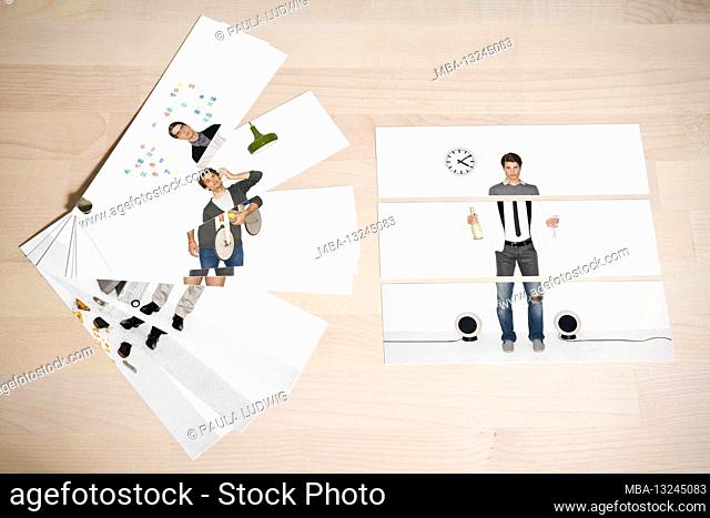 Collage, fan of photos, man in different roles, on wooden table