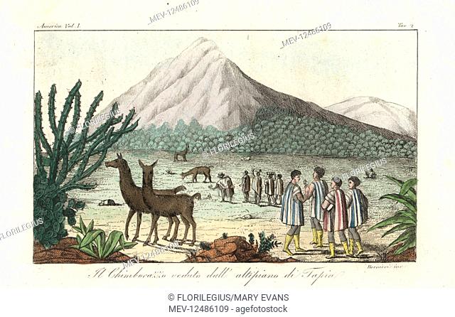 View of the Chimborazo volcano in the Andes, Ecuador. Handcoloured copperplate engraving by Andrea Bernieri from Giulio Ferrario's Ancient and Modern Costumes...