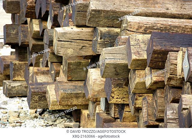 Old railroad ties stacked for later use