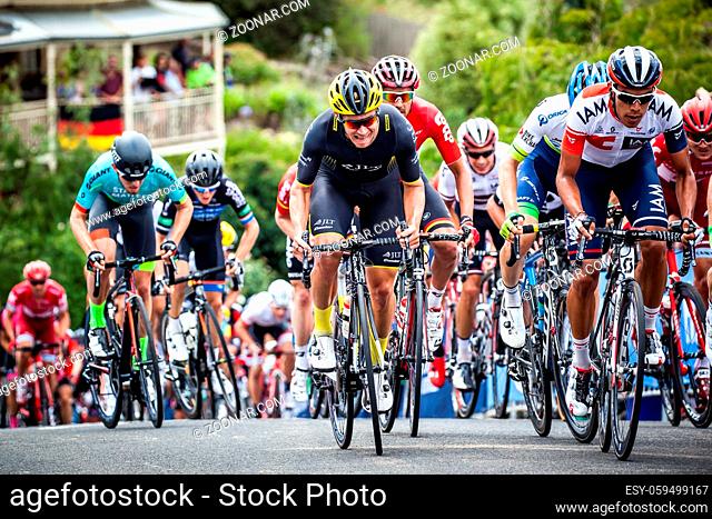 GEELONG, AUSTRALIA - JANUARY 31: Riders attack the Montpellier Climb during the Men#39;s Elite Road Race