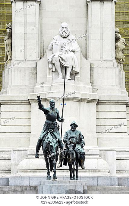Cervantes monument in the Plaza de Espana, Madrid, Spain